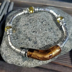 Handcrafted Edgy Silver Amber Champagne Foil Glass Crystal Stretch Bracelet